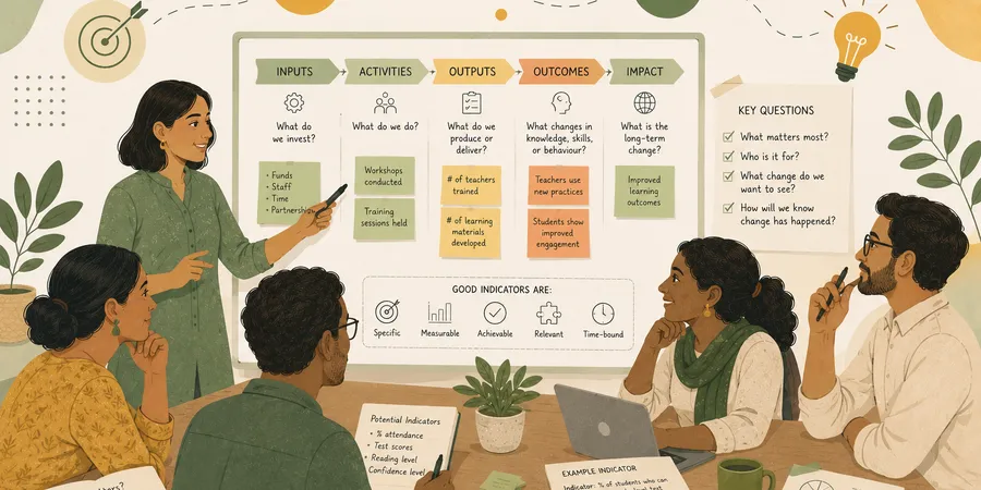 Promotional banner for the CoLab 'Framing Effective Indicators' workshop, showing a facilitator leading a group through an inputs-to-impact logic model