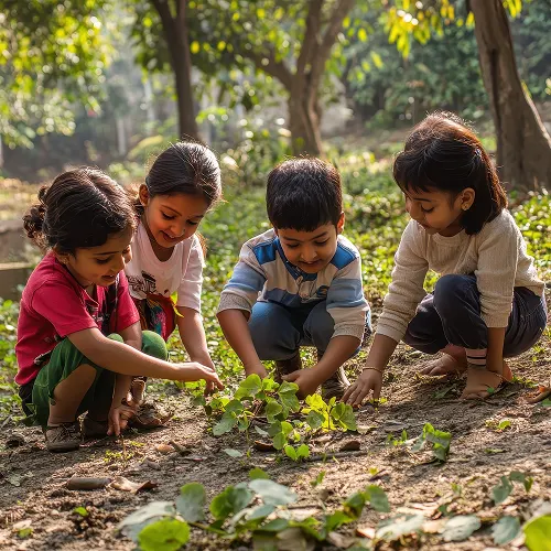 Children exploring and planting in a community garden, part of the communities CoLab works to strengthen